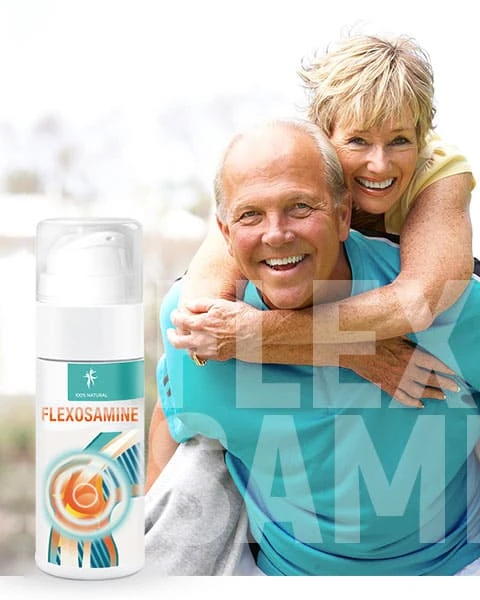 Envase de Flexosamine con burbujas de oxígeno y un distintivo de alivio rápido.